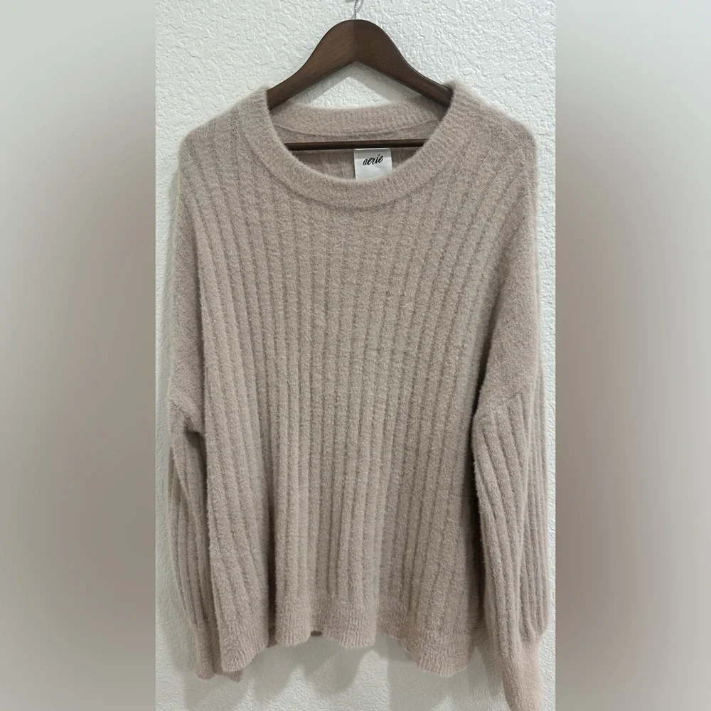 Aerie Cozy Ribbed Sweater Beige Taupe Size M Soft Plush Knit - Picture 2 of 4